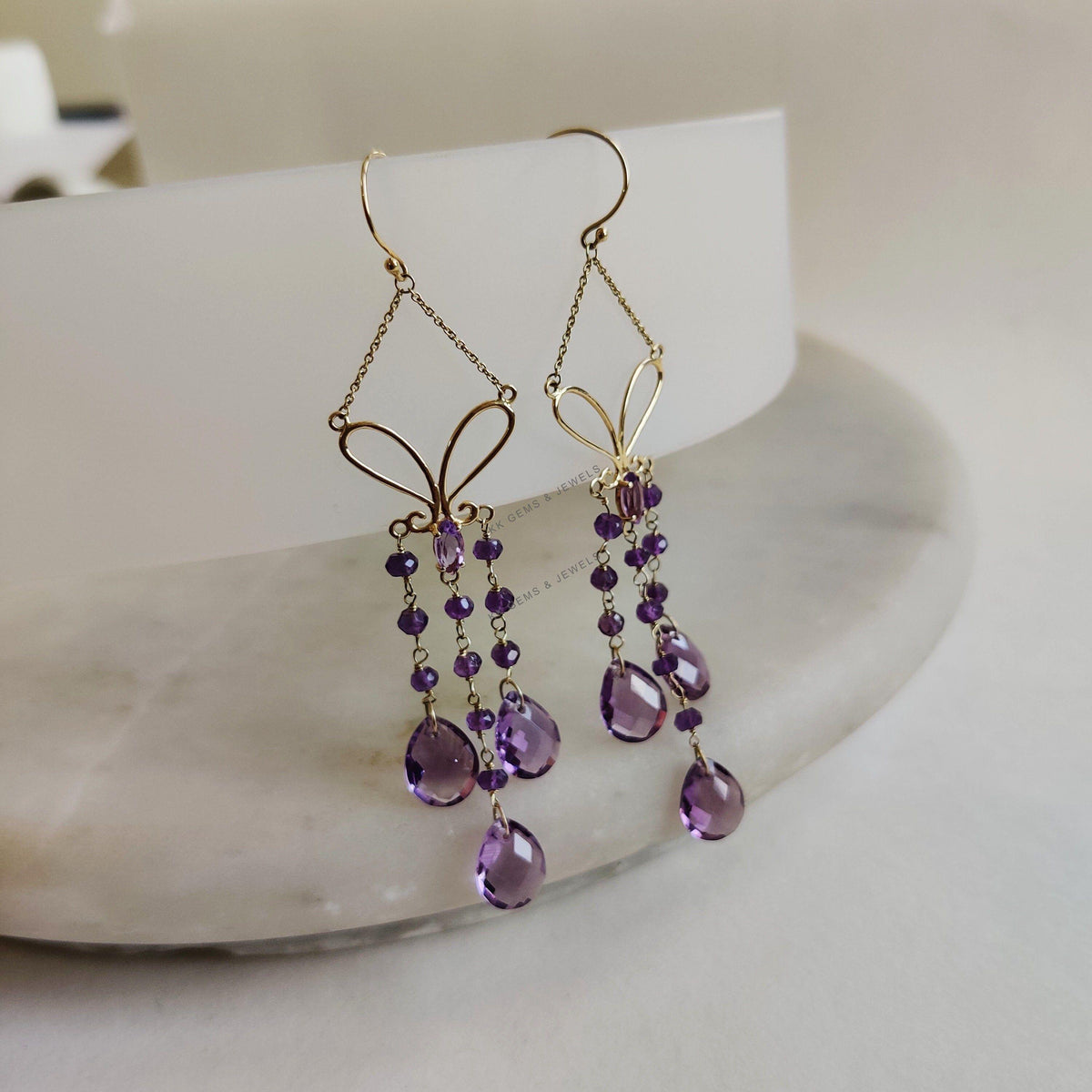 14K Solid Yellow Gold Natural Purple Amethyst Drop Earrings, February Birthstone