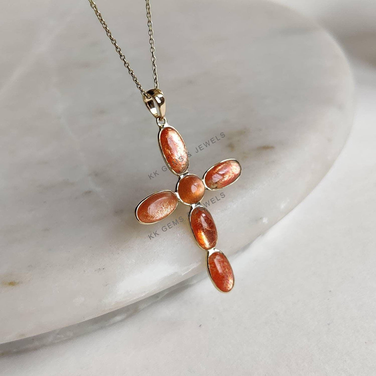 14K Solid Gold Natural Sunstone Cross Pendant, July August Birthstone Feldspar Crystal