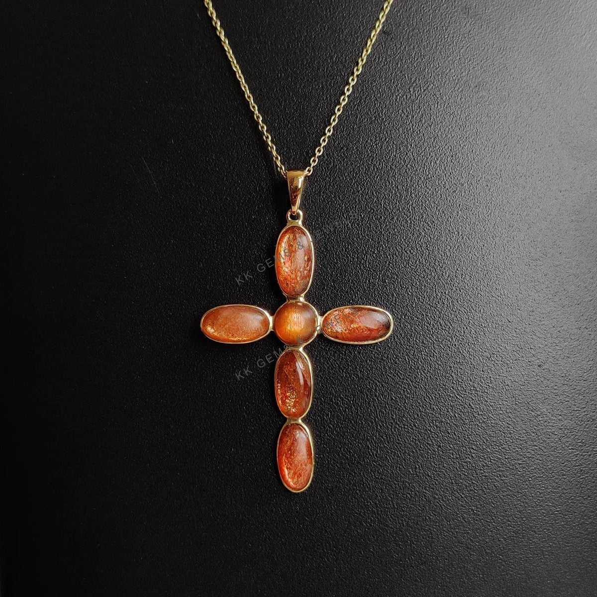 14K Solid Gold Natural Sunstone Cross Pendant, July August Birthstone Feldspar Crystal