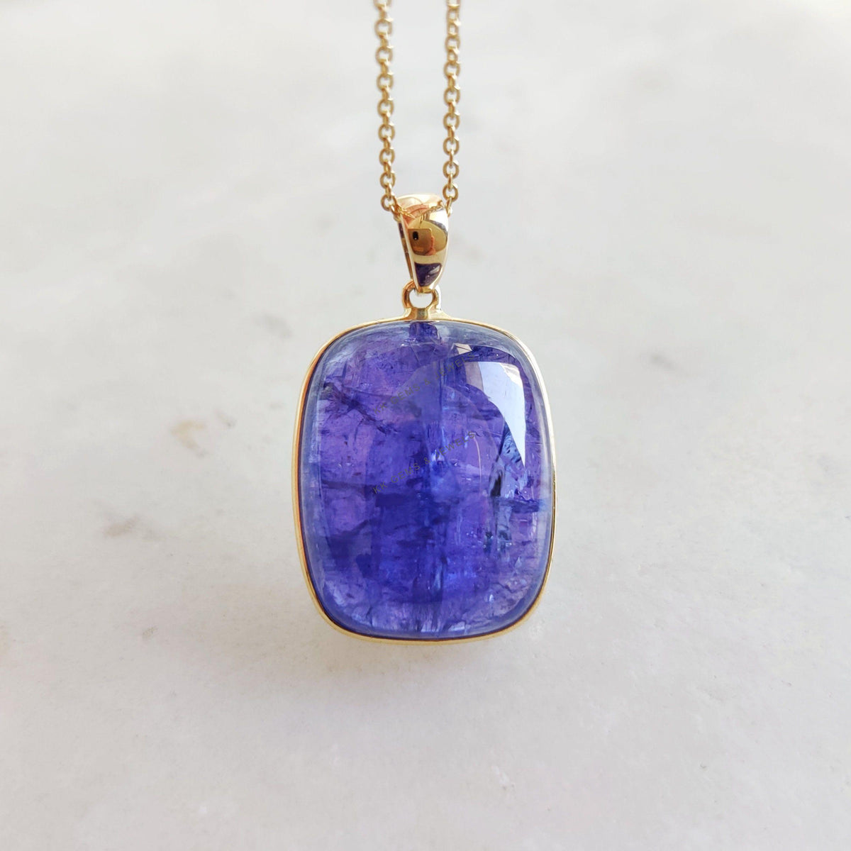 Natural Tanzanite 14K Solid Yellow Gold Rectangle Pendant, December Birthstone