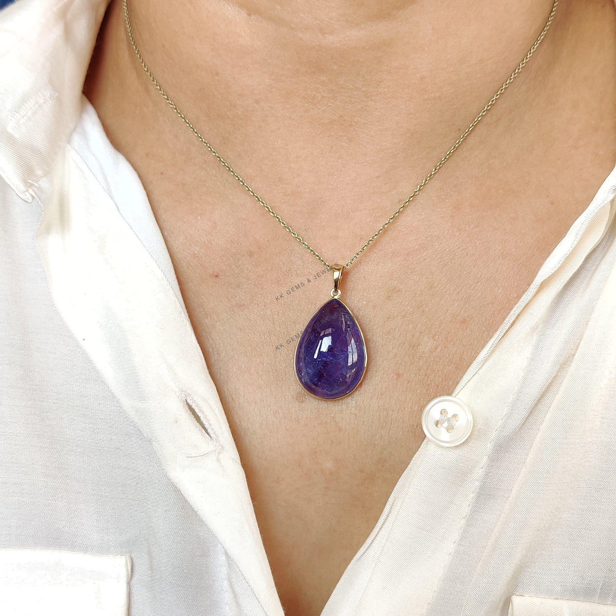 14K Solid Yellow Gold Natural Tanzanite Bezel Pendant, Pear Cabochon, December Birthstone