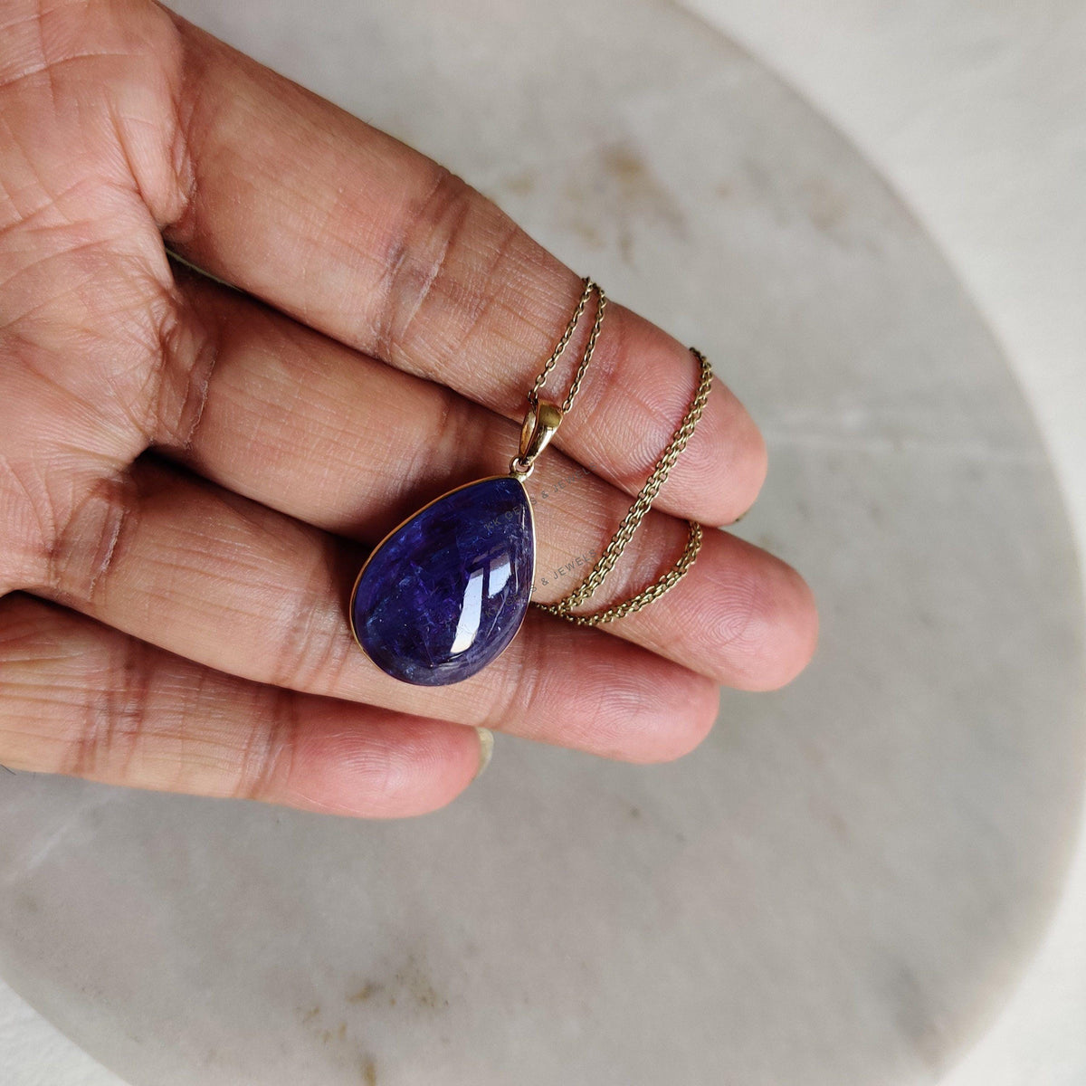 14K Solid Yellow Gold Natural Tanzanite Bezel Pendant, Pear Cabochon, December Birthstone