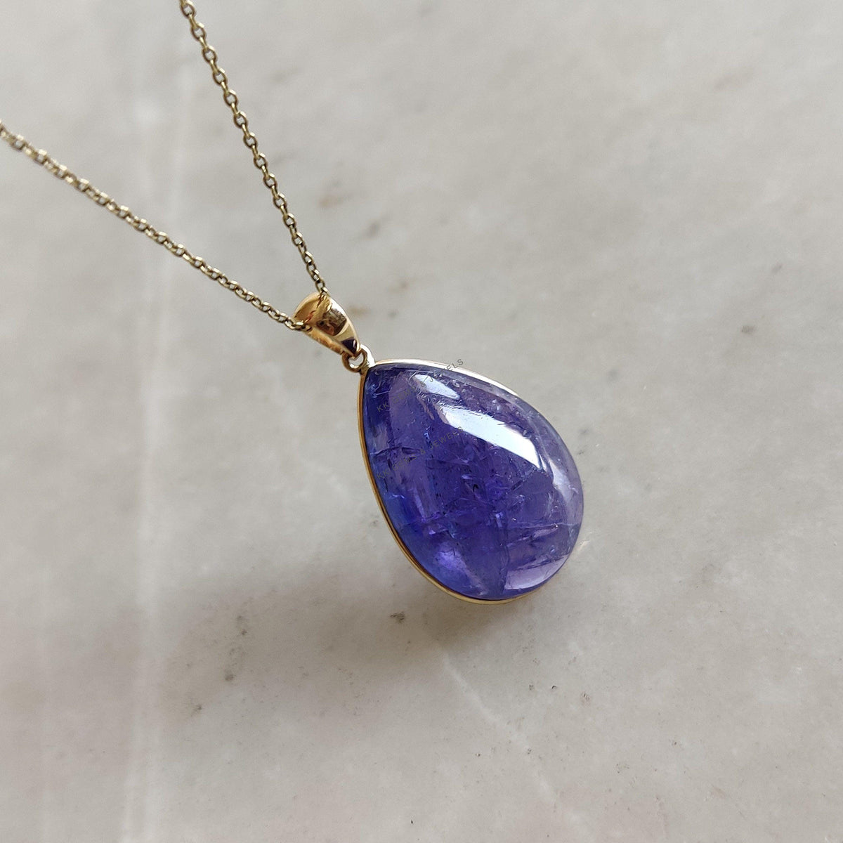 14K Solid Yellow Gold Natural Tanzanite Bezel Pendant, Pear Cabochon, December Birthstone