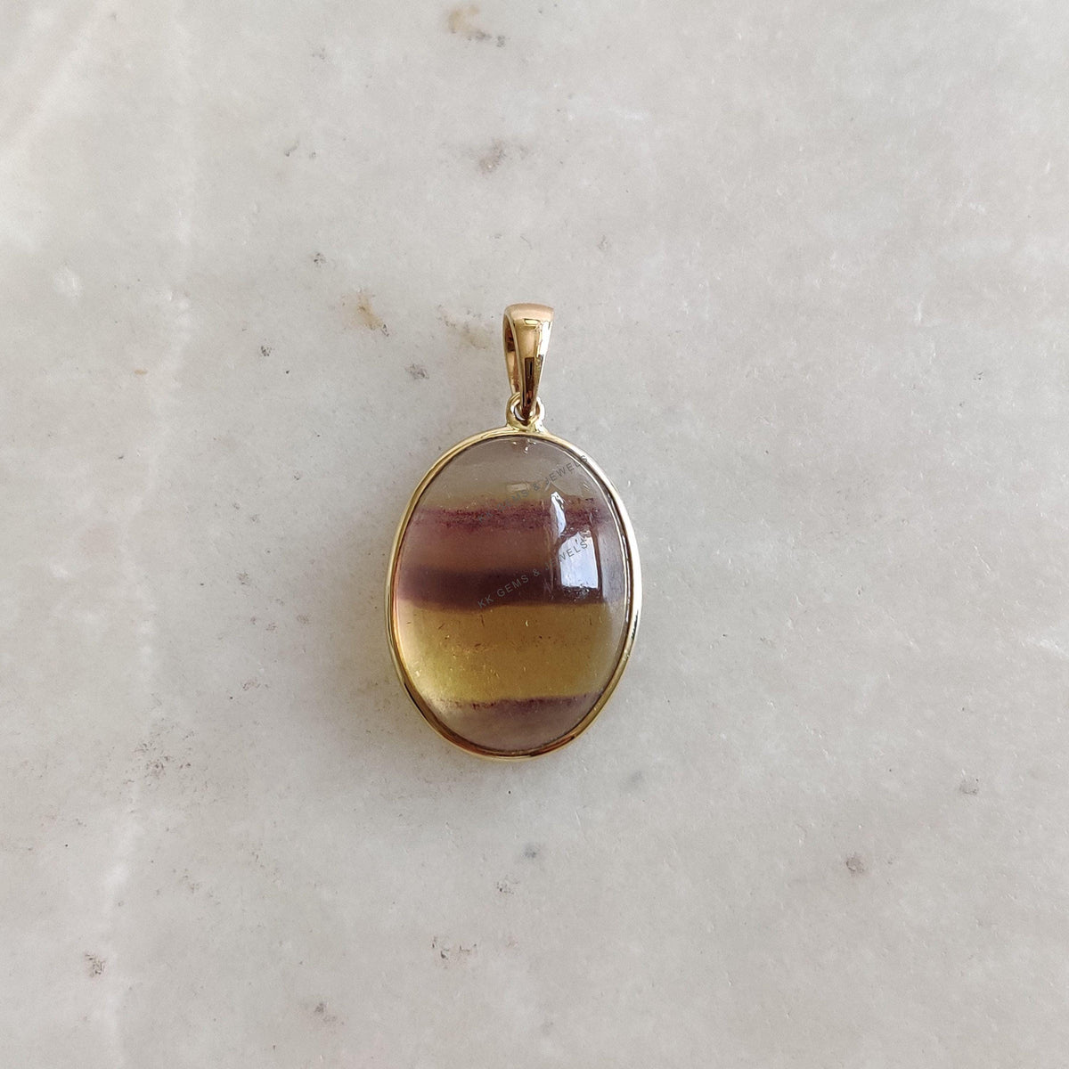 14K Solid Yellow Gold Natural Fluorite Pendant, Oval Cabochon Bezel Setting