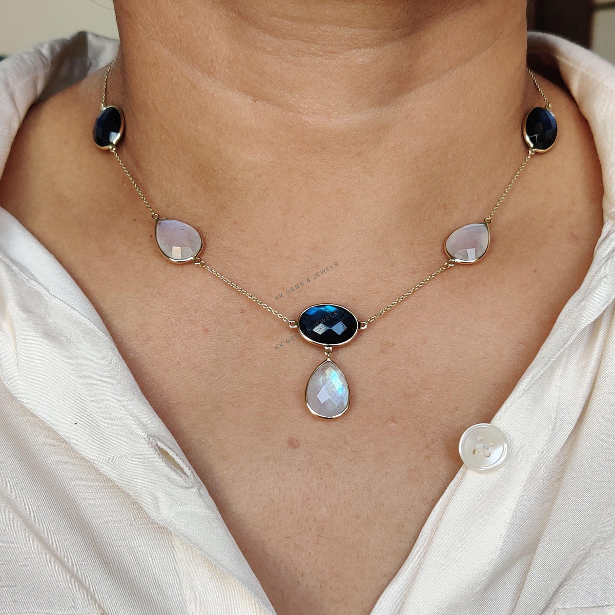Natural Labradorite & Rainbow Moonstone 14K Solid Yellow Gold Chain Necklace, Birthstone Jewelry