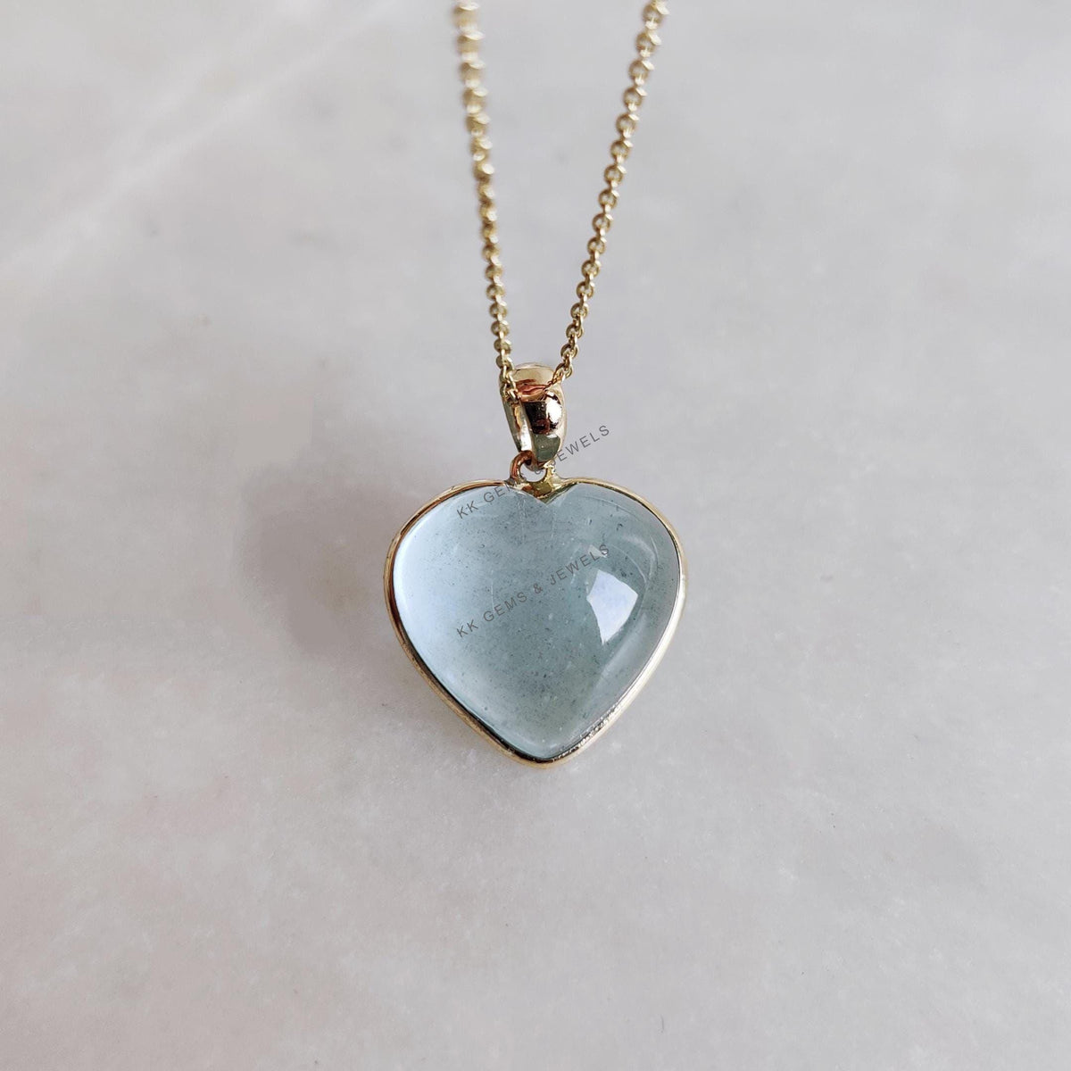 14K Solid Yellow Gold Natural Aquamarine Heart Pendant, March Birthstone, Valentine Jewelry