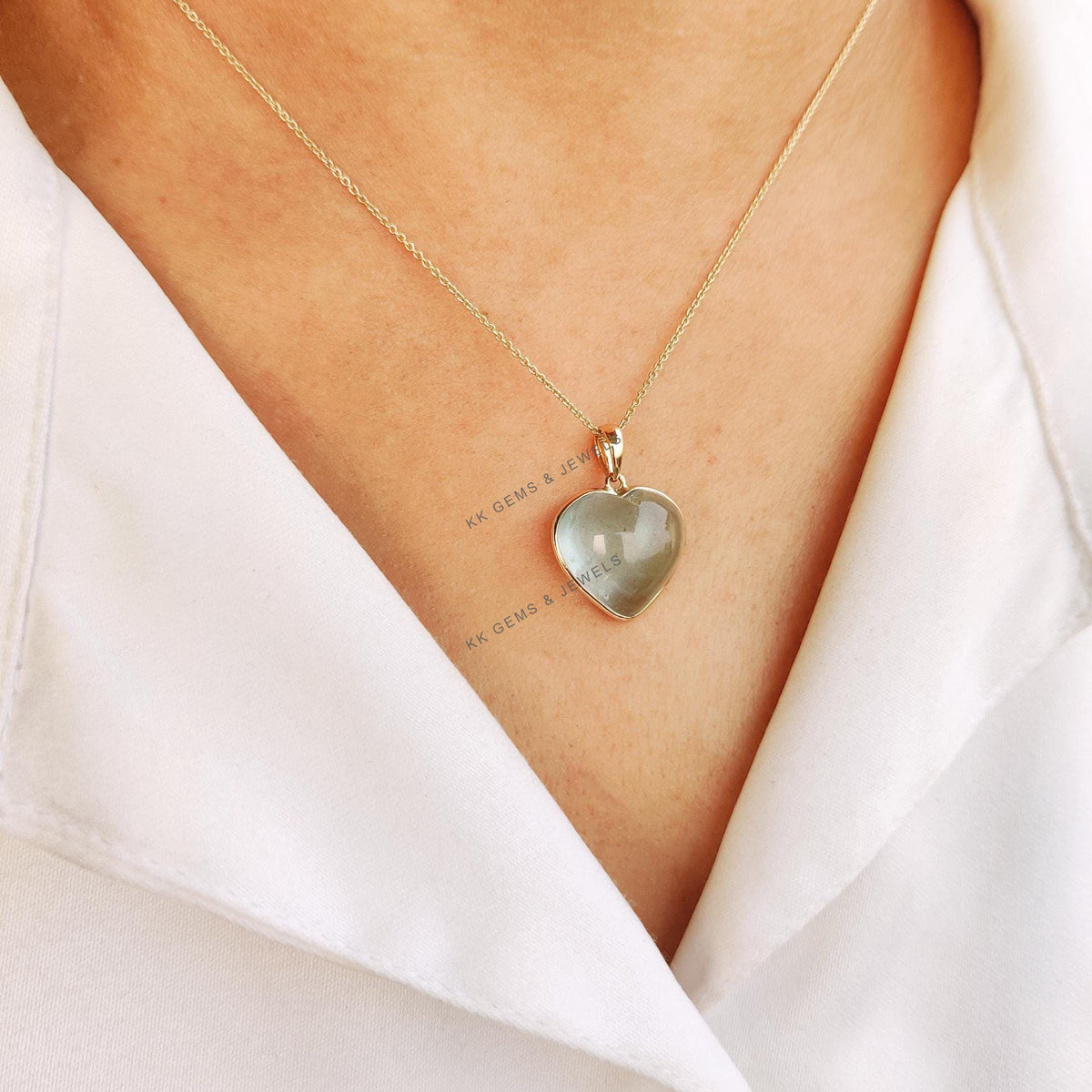 14K Solid Yellow Gold Natural Aquamarine Heart Pendant, March Birthstone, Valentine Jewelry