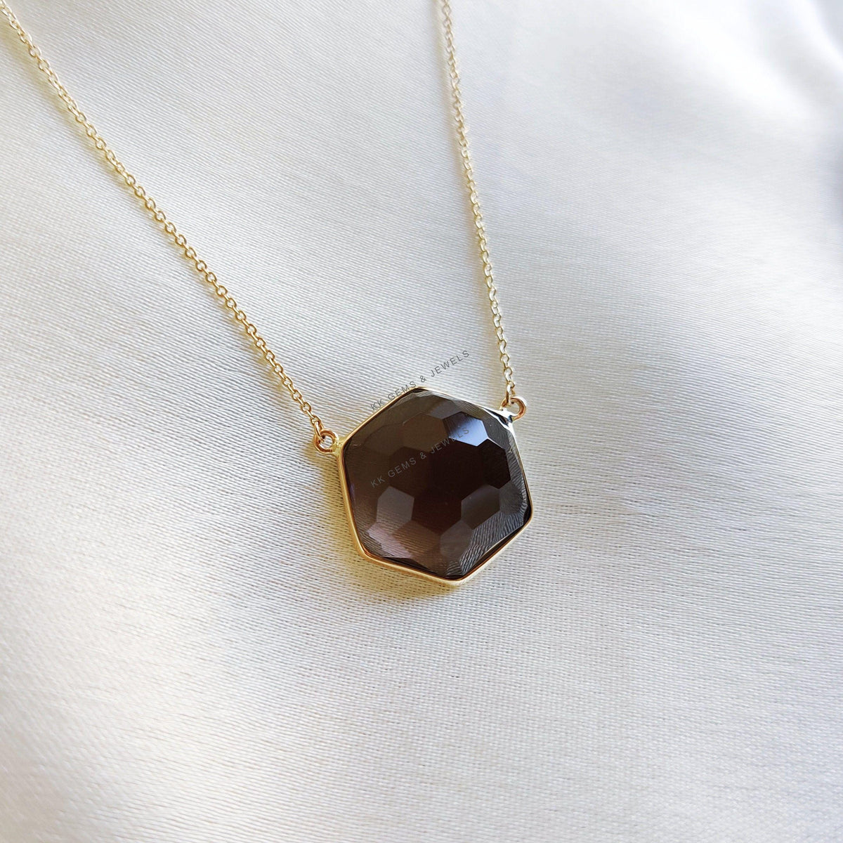 14K Solid Yellow Gold Natural Smoky Quartz Chain Necklace, June Birthstone