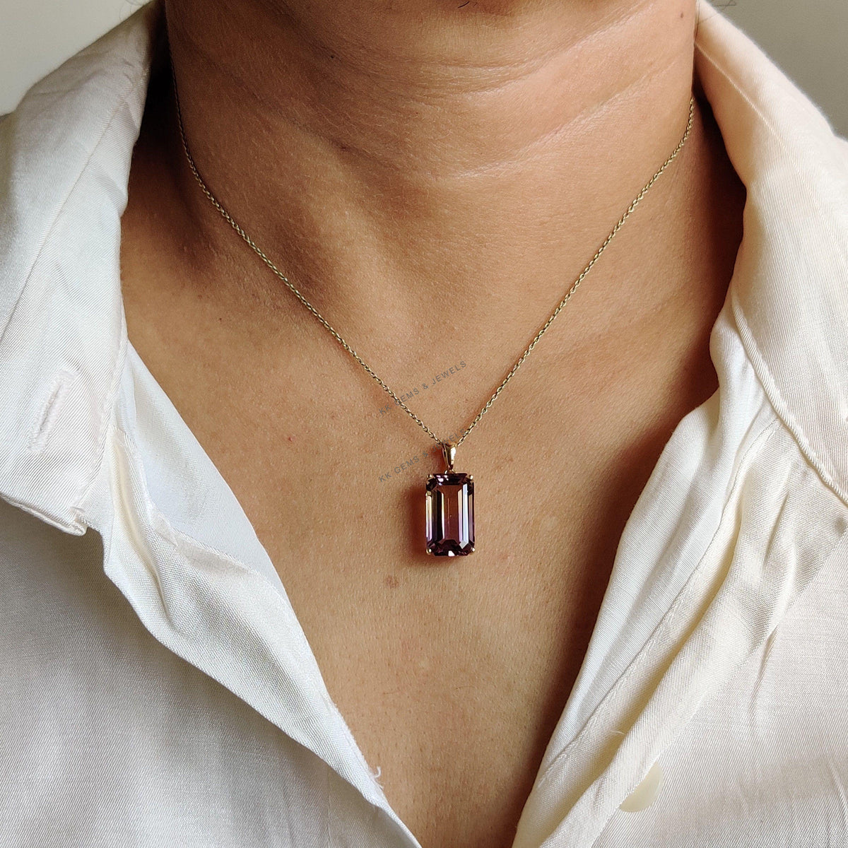 14K Solid Yellow Gold Natural Ametrine Octagon Pendant, February Birthstone