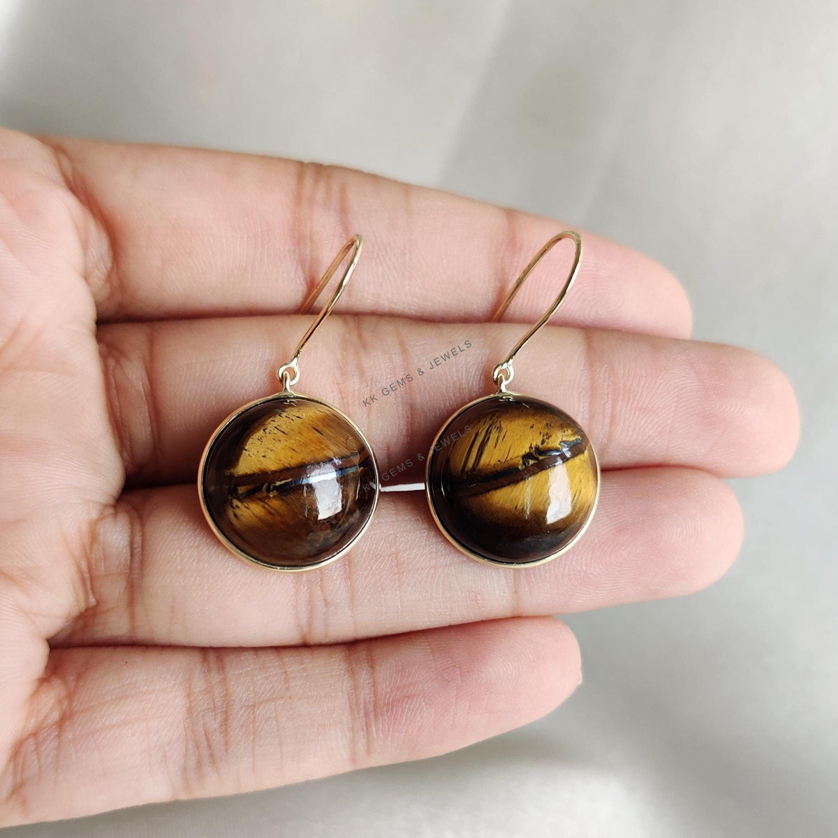 14K Solid Yellow Gold Natural Tiger Eye Round Earrings, June Birthstone