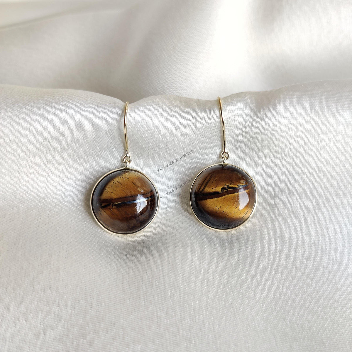 14K Solid Yellow Gold Natural Tiger Eye Round Earrings, June Birthstone