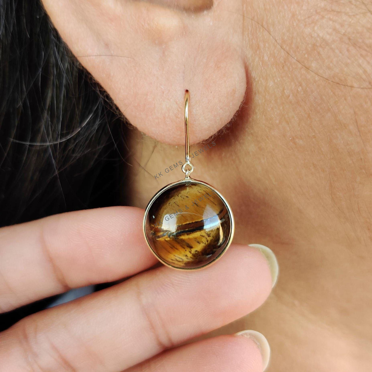 14K Solid Yellow Gold Natural Tiger Eye Round Earrings, June Birthstone