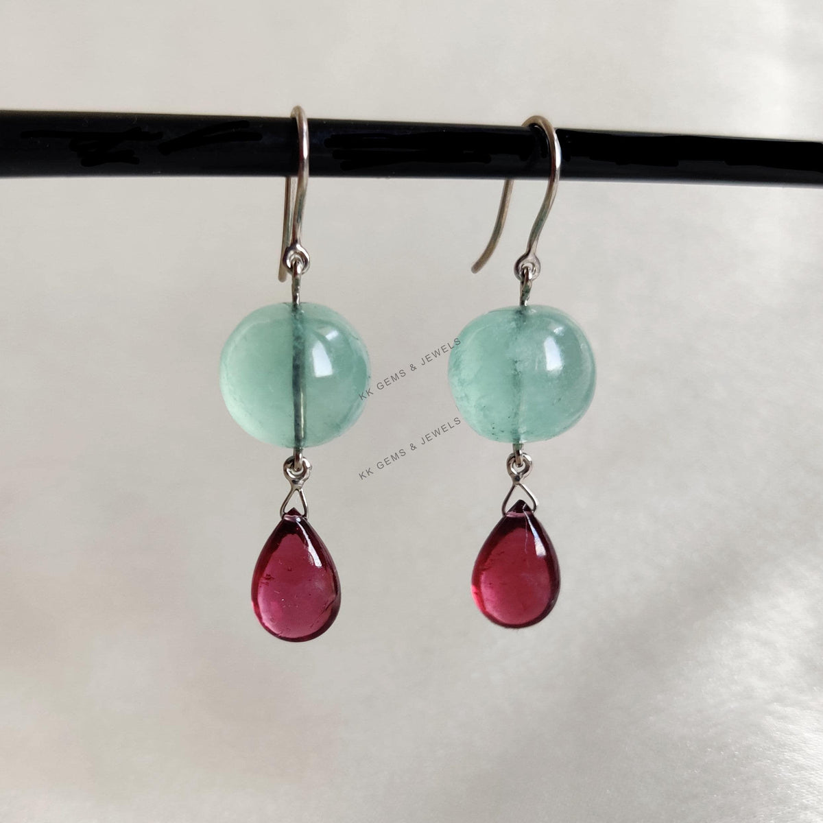Natural Fluorite & Rhodolite Garnet Earrings: 14K Solid White Gold Drop Earrings