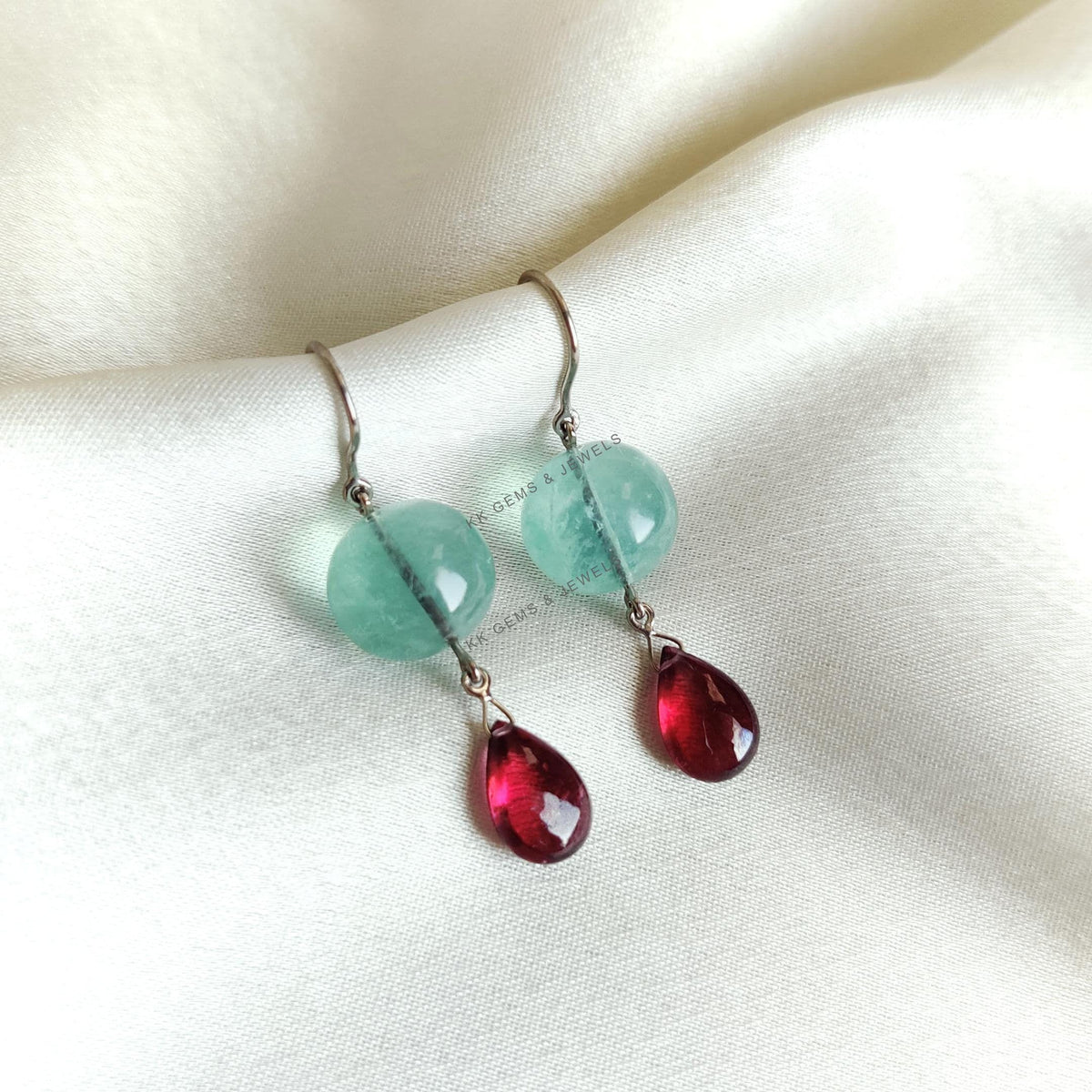 Natural Fluorite & Rhodolite Garnet Earrings: 14K Solid White Gold Drop Earrings