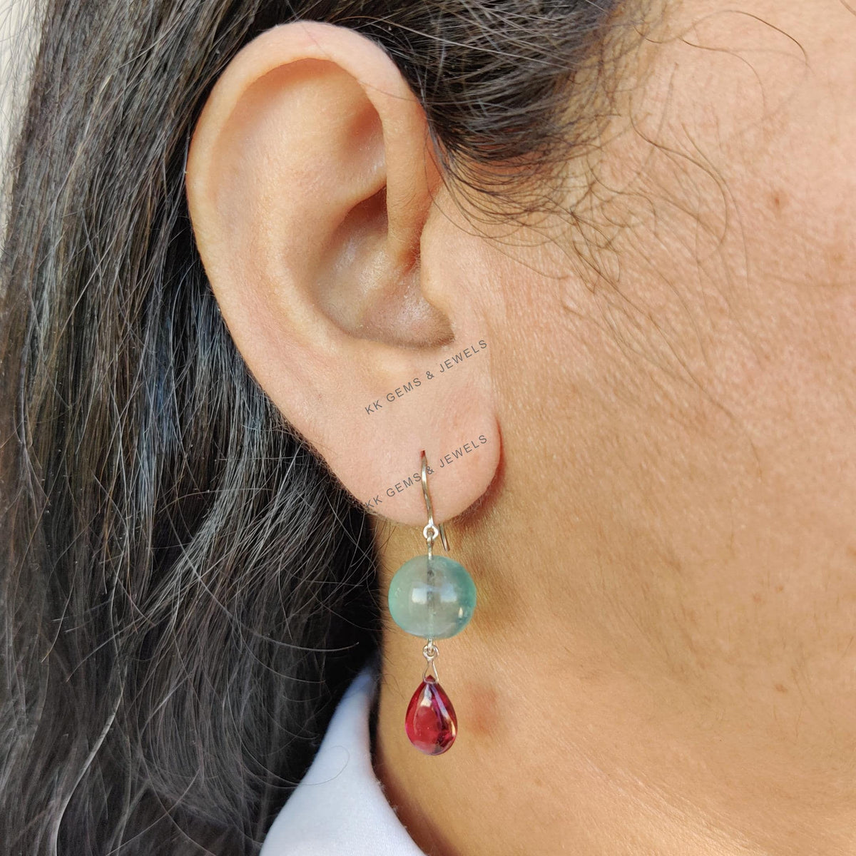 Natural Fluorite & Rhodolite Garnet Earrings: 14K Solid White Gold Drop Earrings