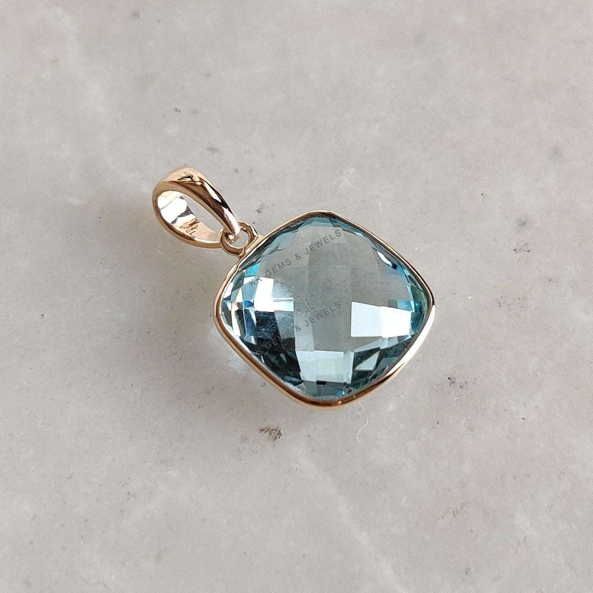 Natural Sky Blue Topaz Pendant, 14K Solid Yellow Gold Bezel, December Birthstone