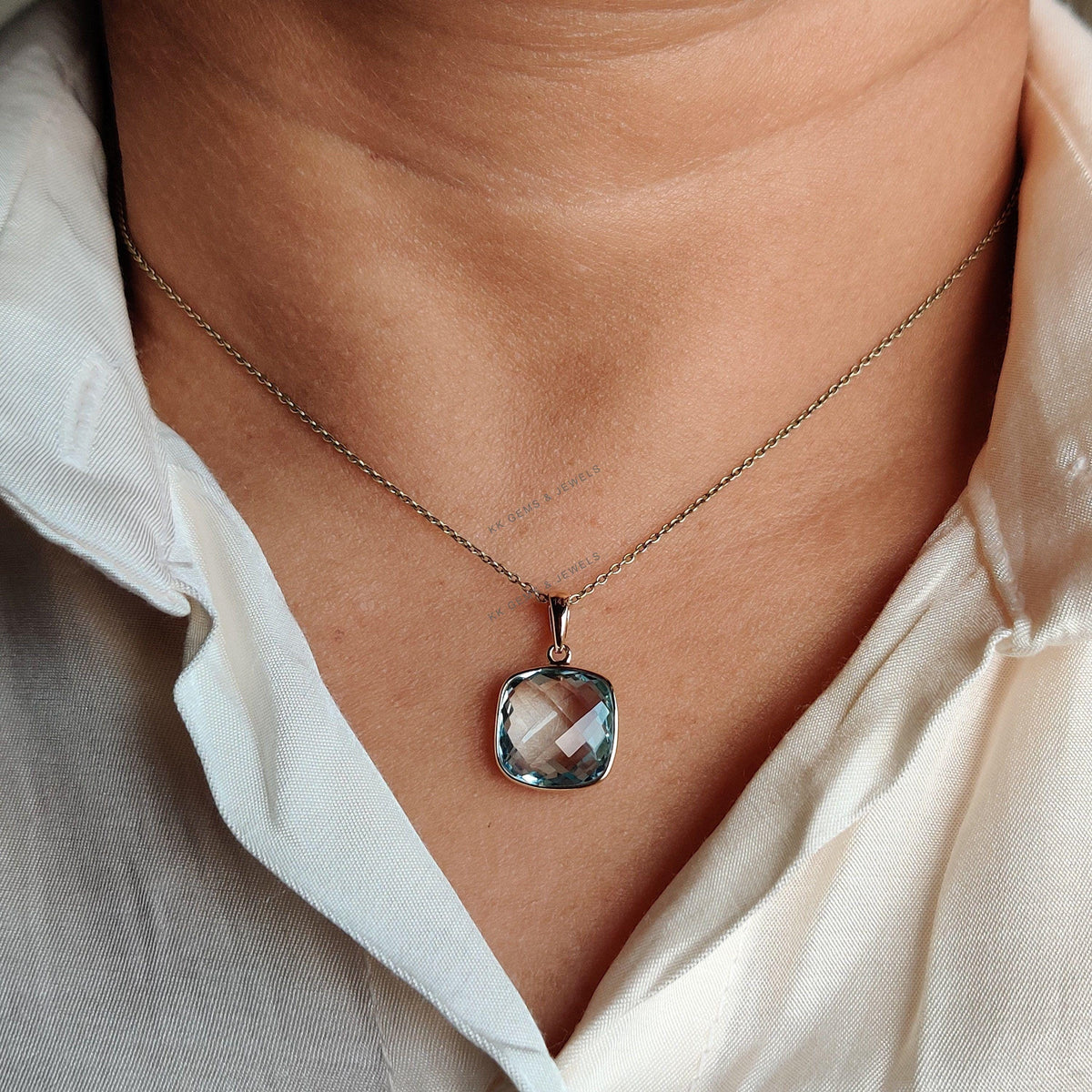 Natural Sky Blue Topaz Pendant, 14K Solid Yellow Gold Bezel, December Birthstone