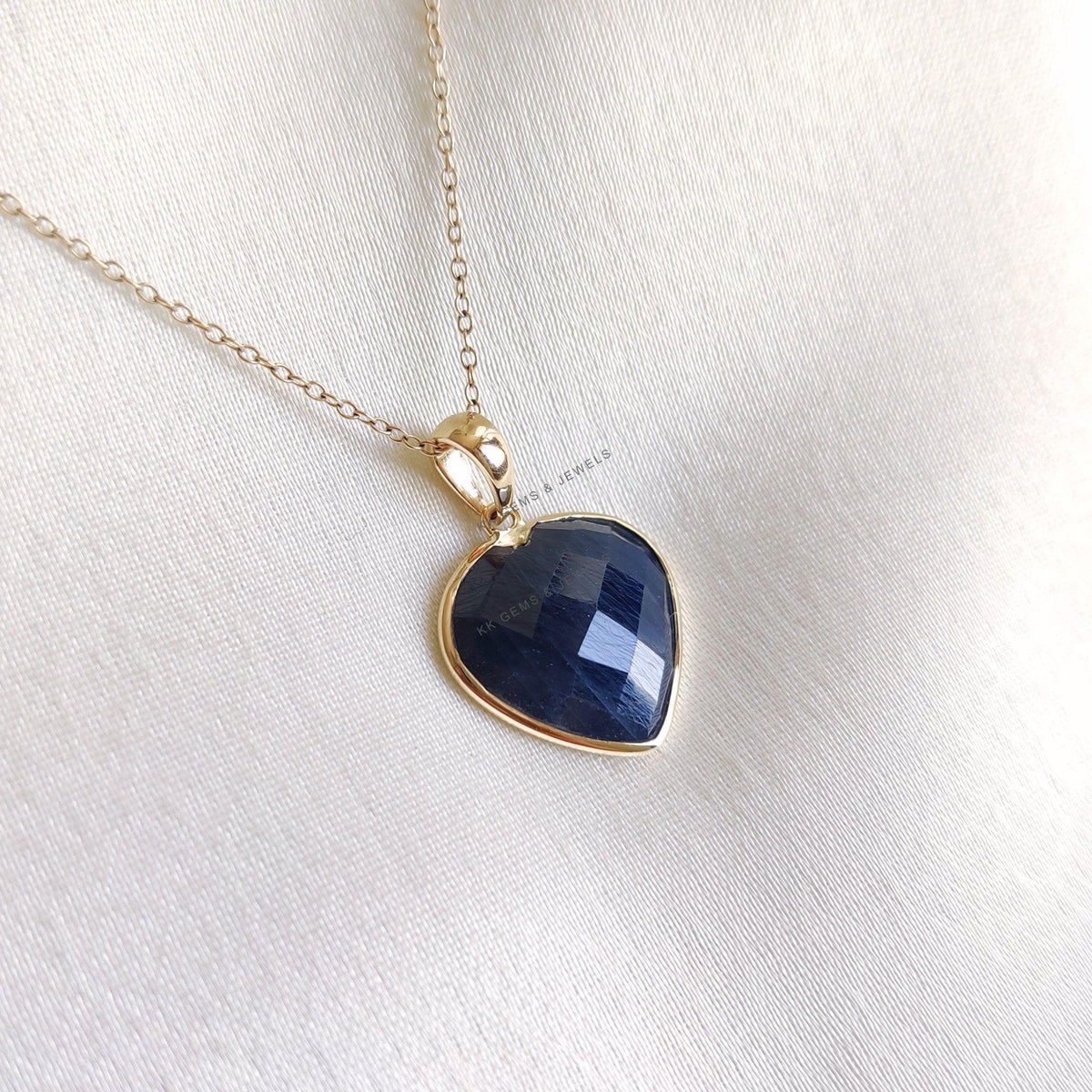 14K Solid Yellow Gold Natural Blue Sapphire Heart Pendant, September Birthstone