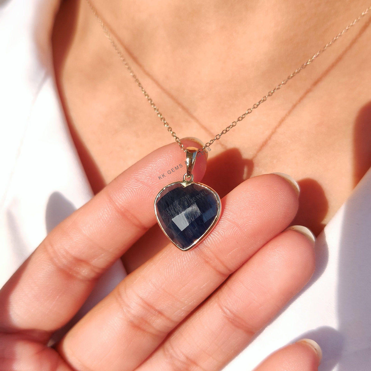 14K Solid Yellow Gold Natural Blue Sapphire Heart Pendant, September Birthstone
