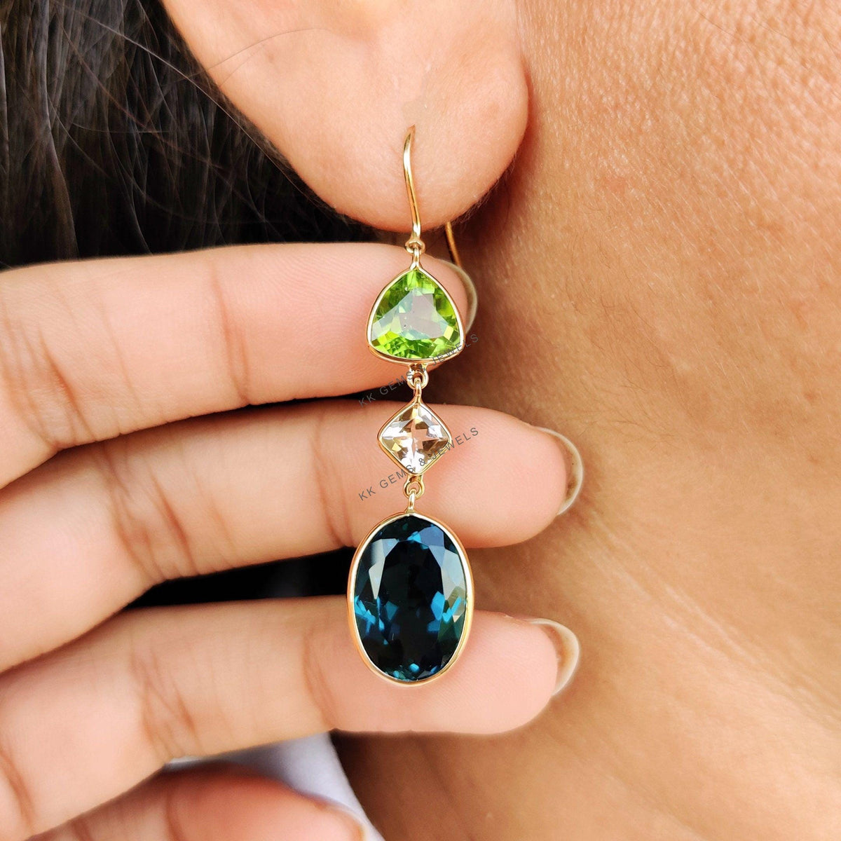 14K Solid Gold Natural London Blue Topaz & Morganite and Peridot Dangle Earrings, Christmas Gift