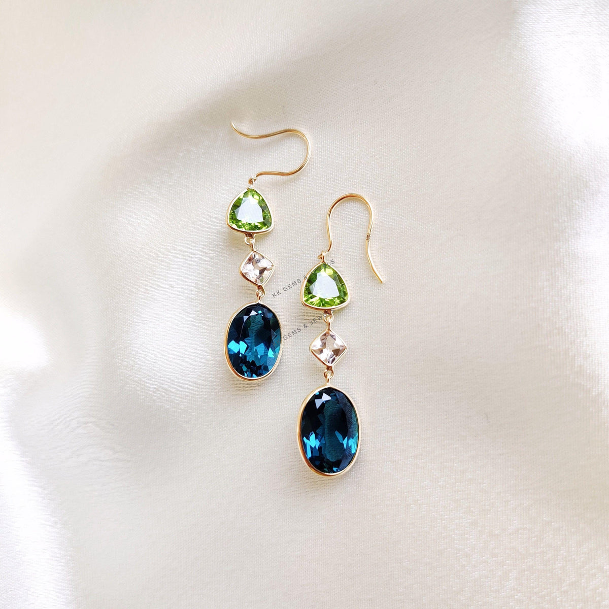 14K Solid Gold Natural London Blue Topaz & Morganite and Peridot Dangle Earrings, Christmas Gift
