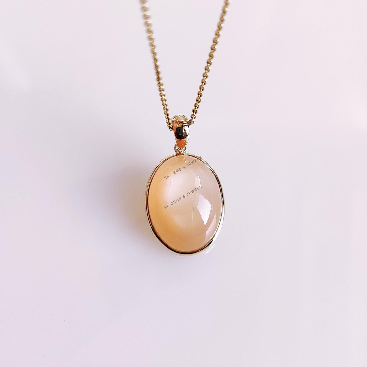 14K Solid Yellow Gold Natural Peach Moonstone Pendant, June Birthstone