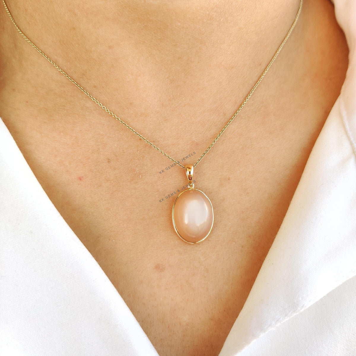 14K Solid Yellow Gold Natural Peach Moonstone Pendant, June Birthstone