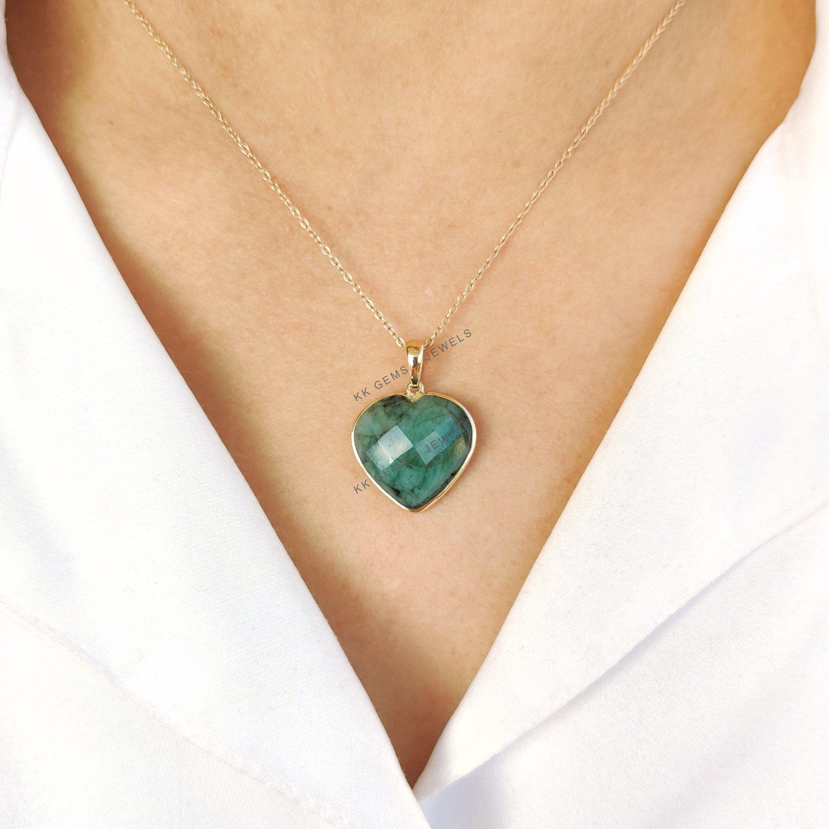 Natural Emerald Heart Pendant, 14K Solid Yellow Gold, May Birthstone