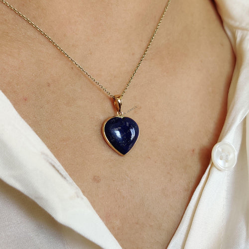 14K Solid Gold Natural Lapis Lazuli Heart Pendant, September Birthstone Valentine Gift