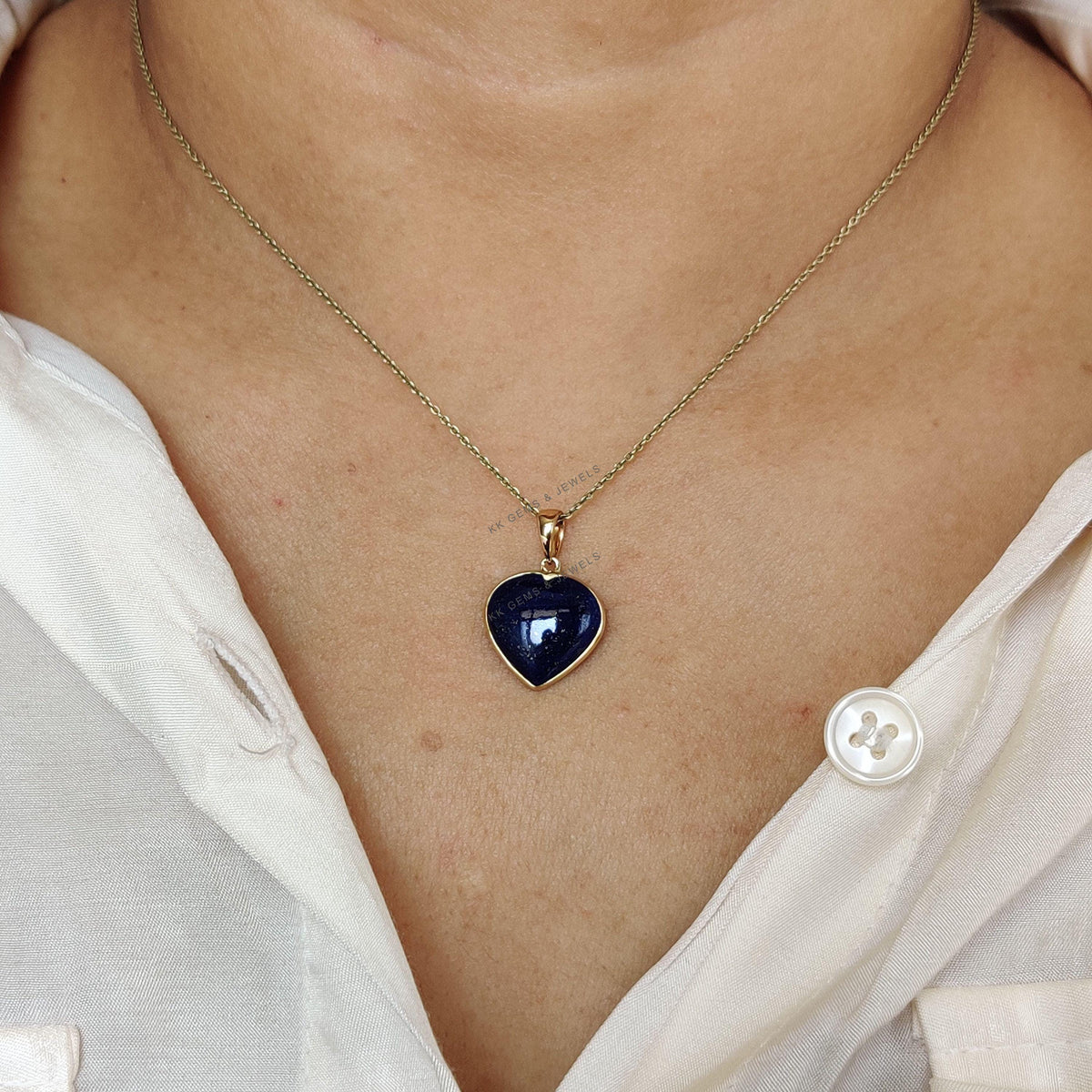 14K Solid Gold Natural Lapis Lazuli Heart Pendant, September Birthstone Valentine Gift