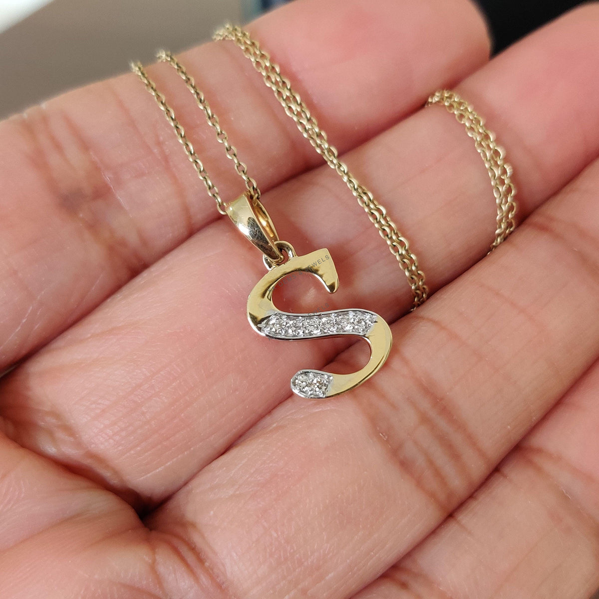 14K Solid Gold Initial S Diamond Pendant, Alphabet Diamond