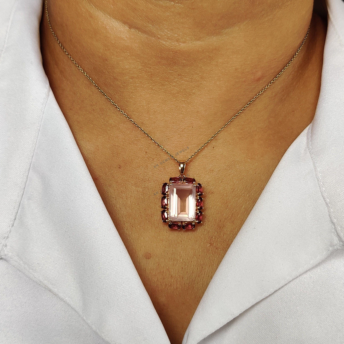 14K Solid Yellow Gold Natural Rose Quartz & Rhodolite Garnet Pendant, Wedding Jewelry