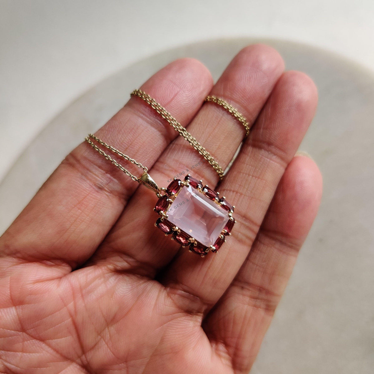 14K Solid Yellow Gold Natural Rose Quartz & Rhodolite Garnet Pendant, Wedding Jewelry