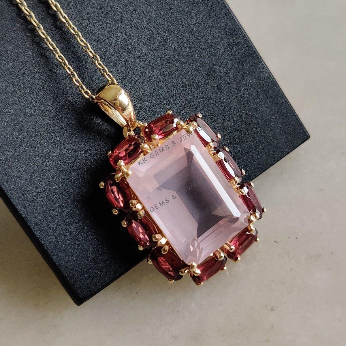 14K Solid Yellow Gold Natural Rose Quartz & Rhodolite Garnet Pendant, Wedding Jewelry