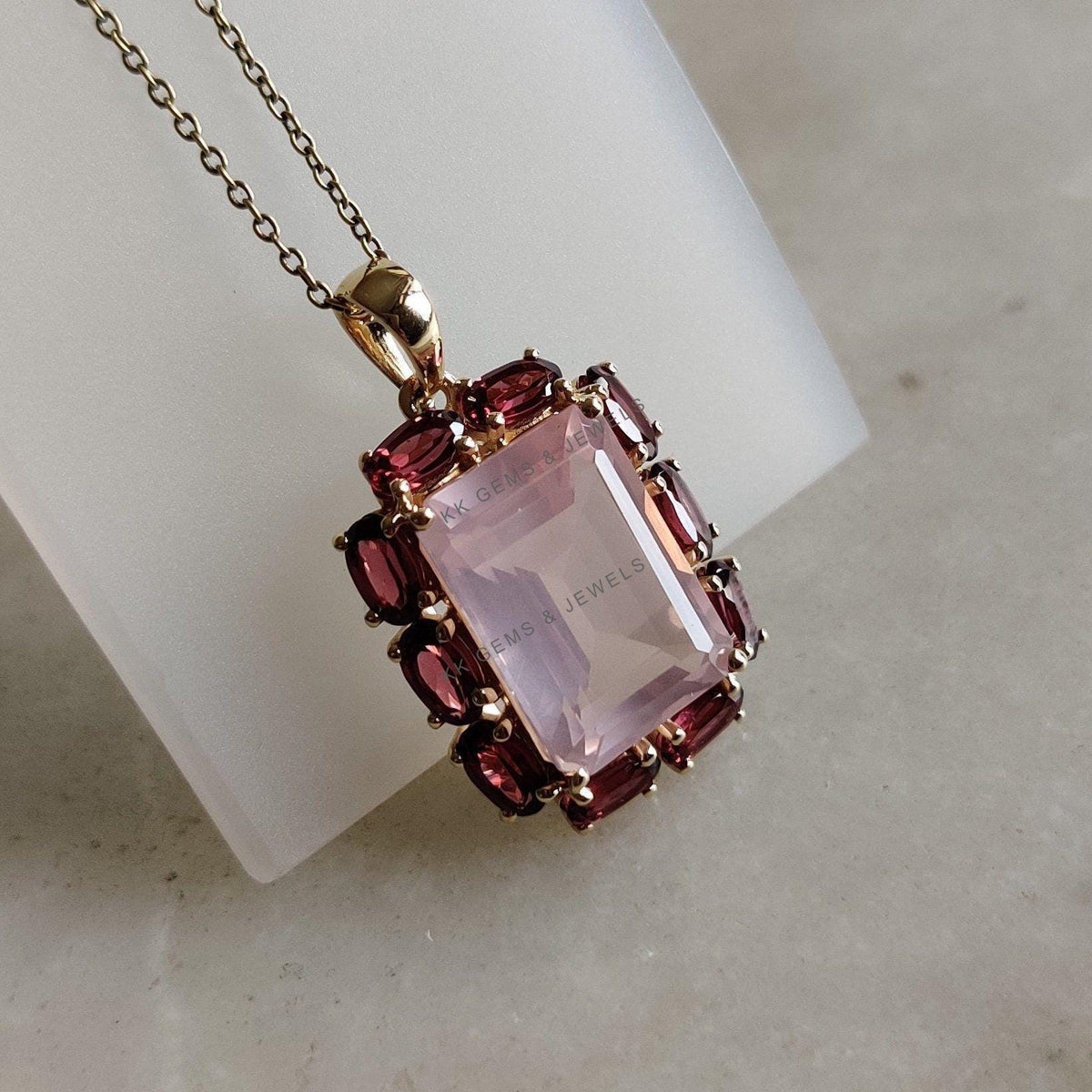 14K Solid Yellow Gold Natural Rose Quartz & Rhodolite Garnet Pendant, Wedding Jewelry