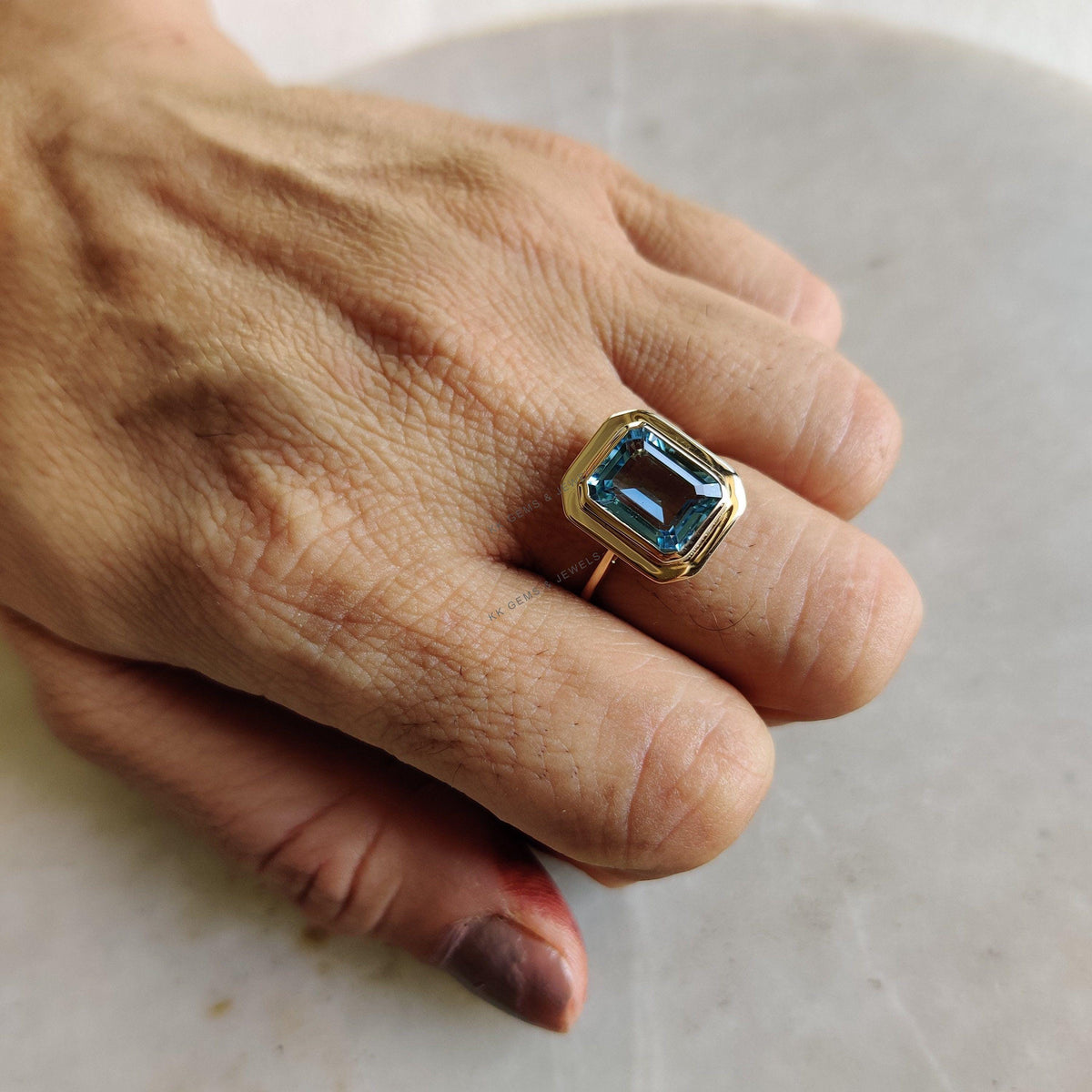 14K Solid Yellow Gold Natural Sky Blue Topaz Ring, December Birthstone