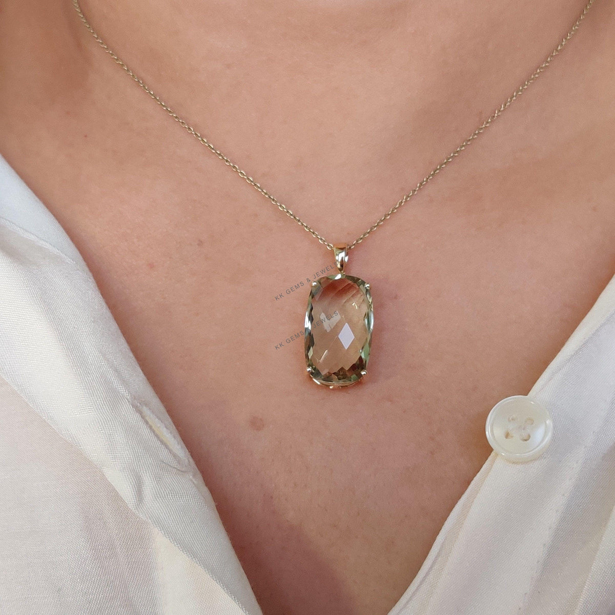 14K Solid Gold Natural Green Amethyst Pendant, February Birthstone