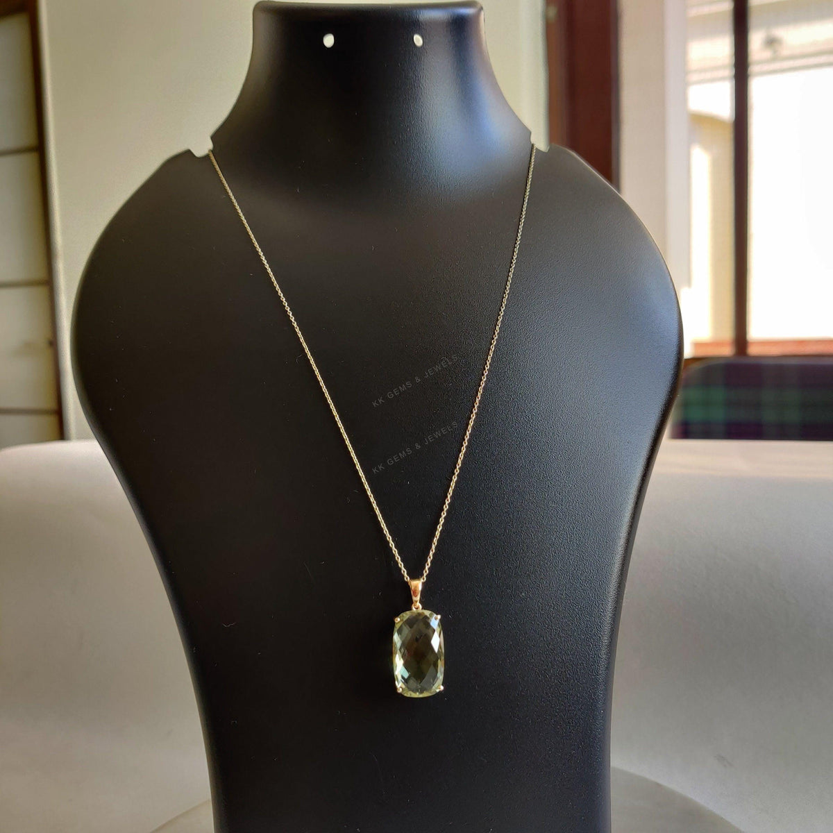 14K Solid Gold Natural Green Amethyst Pendant, February Birthstone