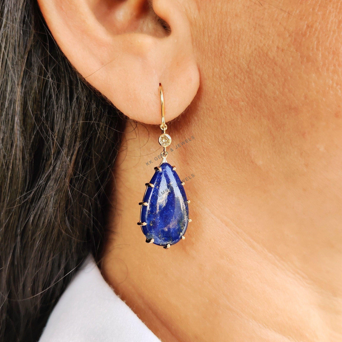 14K Solid Gold Natural Lapis Lazuli & Diamond Earrings, Christmas Present