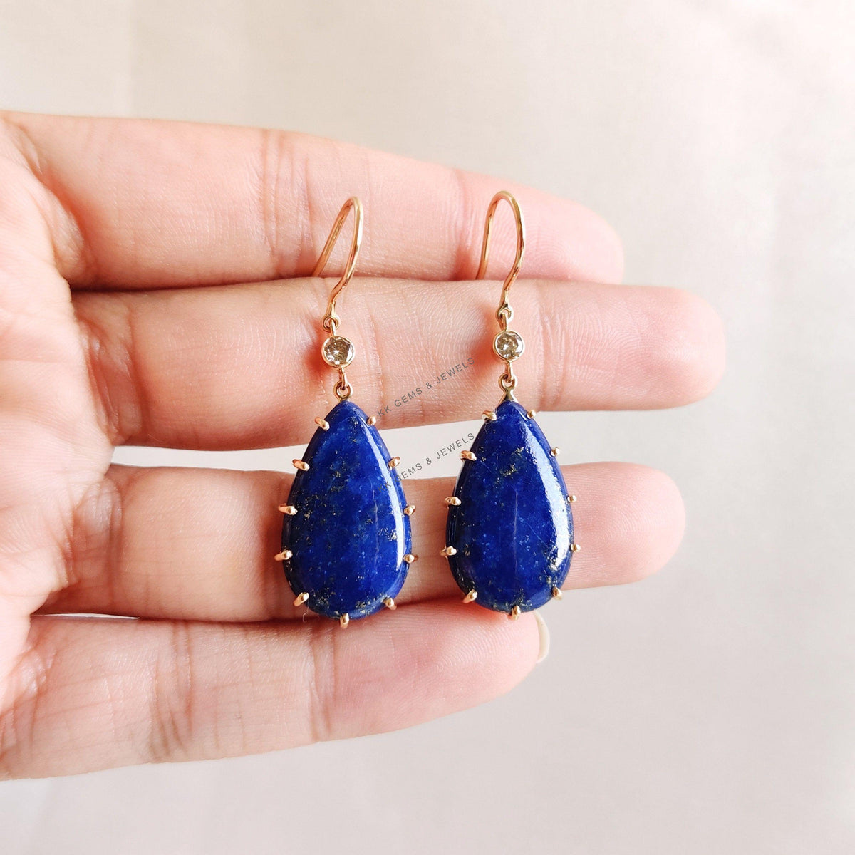 14K Solid Gold Natural Lapis Lazuli & Diamond Earrings, Christmas Present