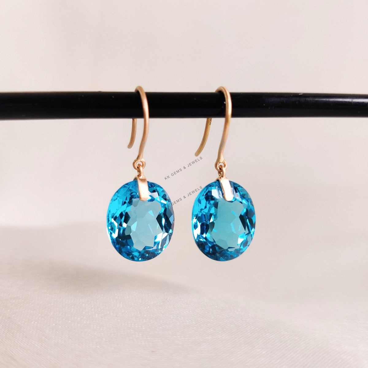 14K Solid Gold Natural Swiss Blue Topaz Drill Earrings, December Birthstone