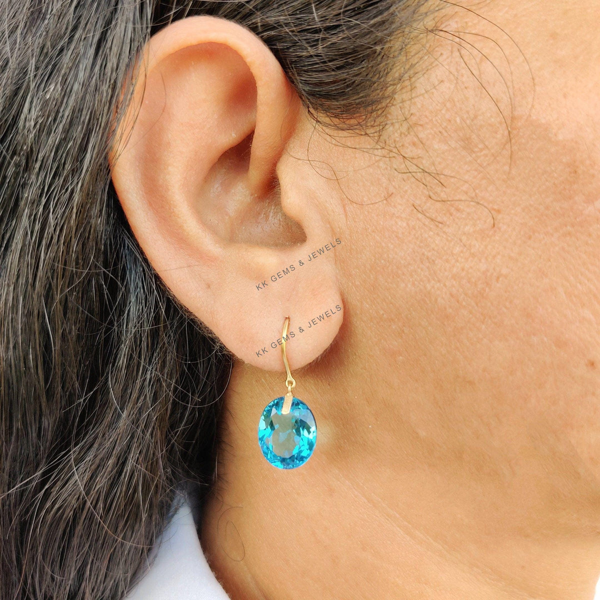 14K Solid Gold Natural Swiss Blue Topaz Drill Earrings, December Birthstone