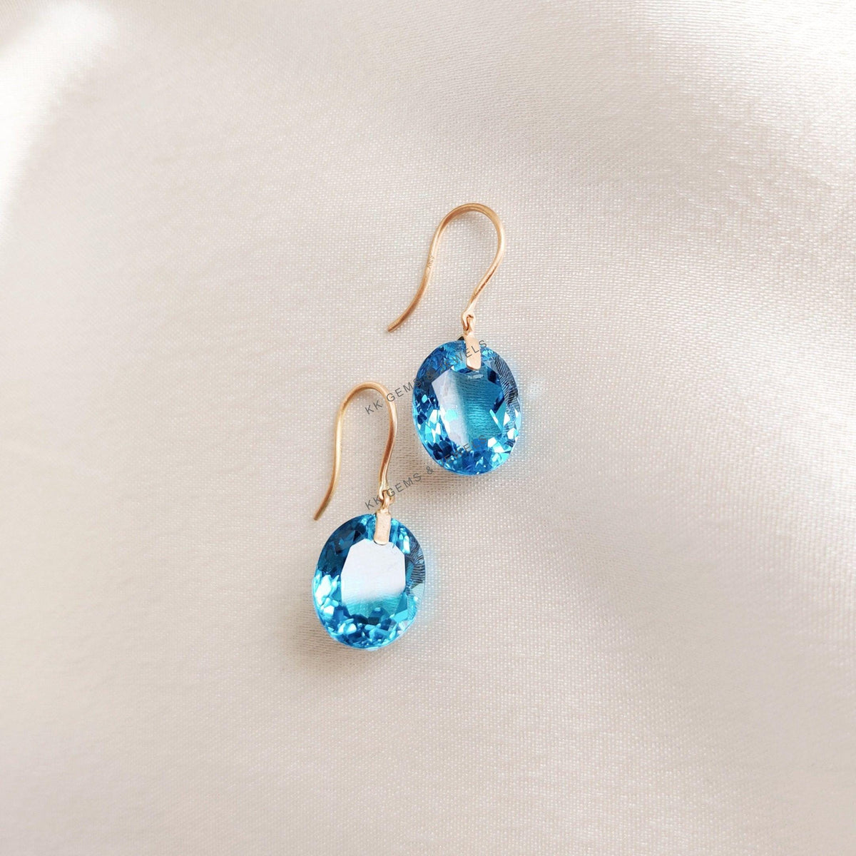 14K Solid Gold Natural Swiss Blue Topaz Drill Earrings, December Birthstone