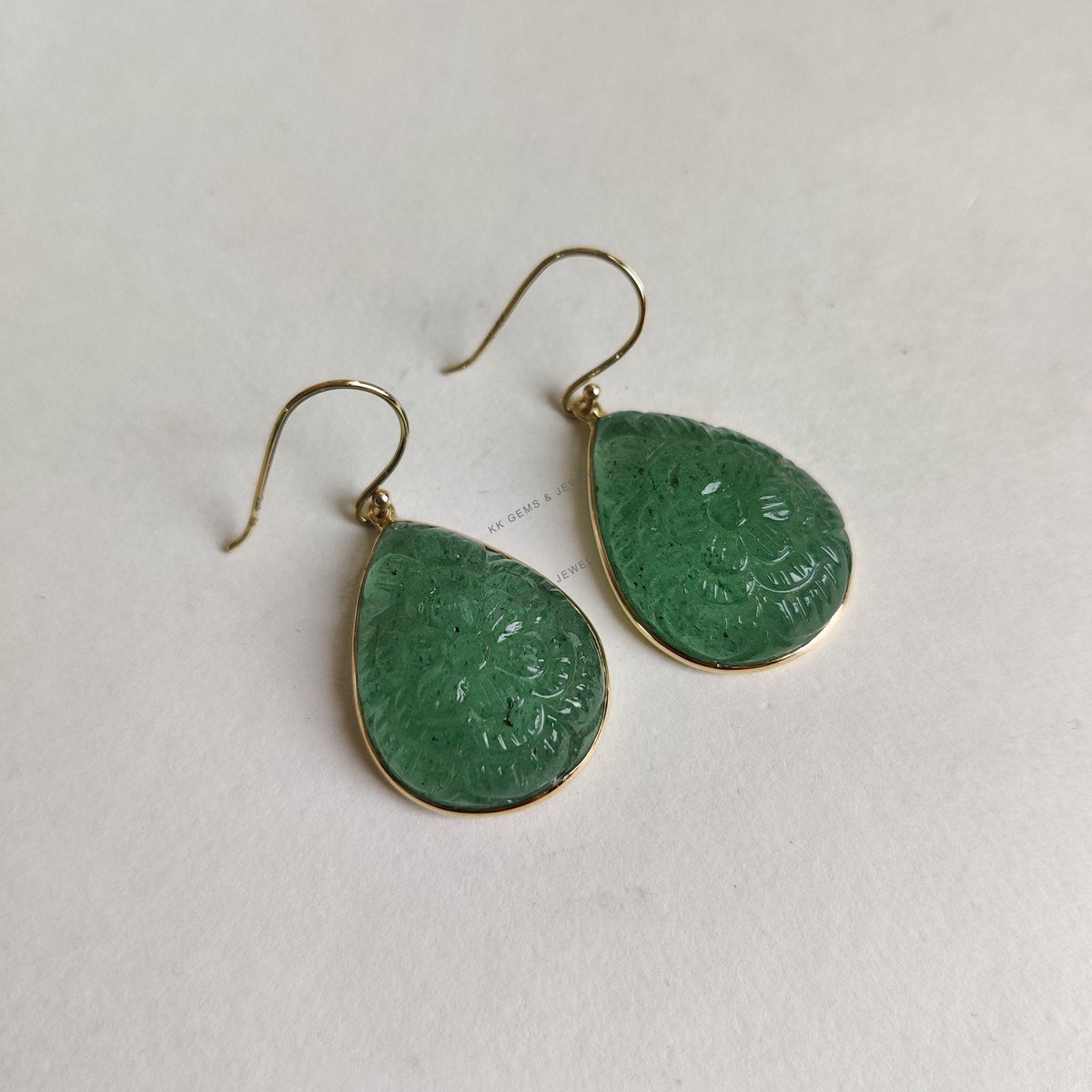 14K Solid Yellow Gold Natural Green Aventurine Earrings, Carving Teardrop Bezel Earring