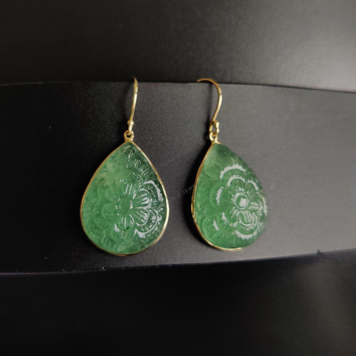 14K Solid Yellow Gold Natural Green Aventurine Earrings, Carving Teardrop Bezel Earring