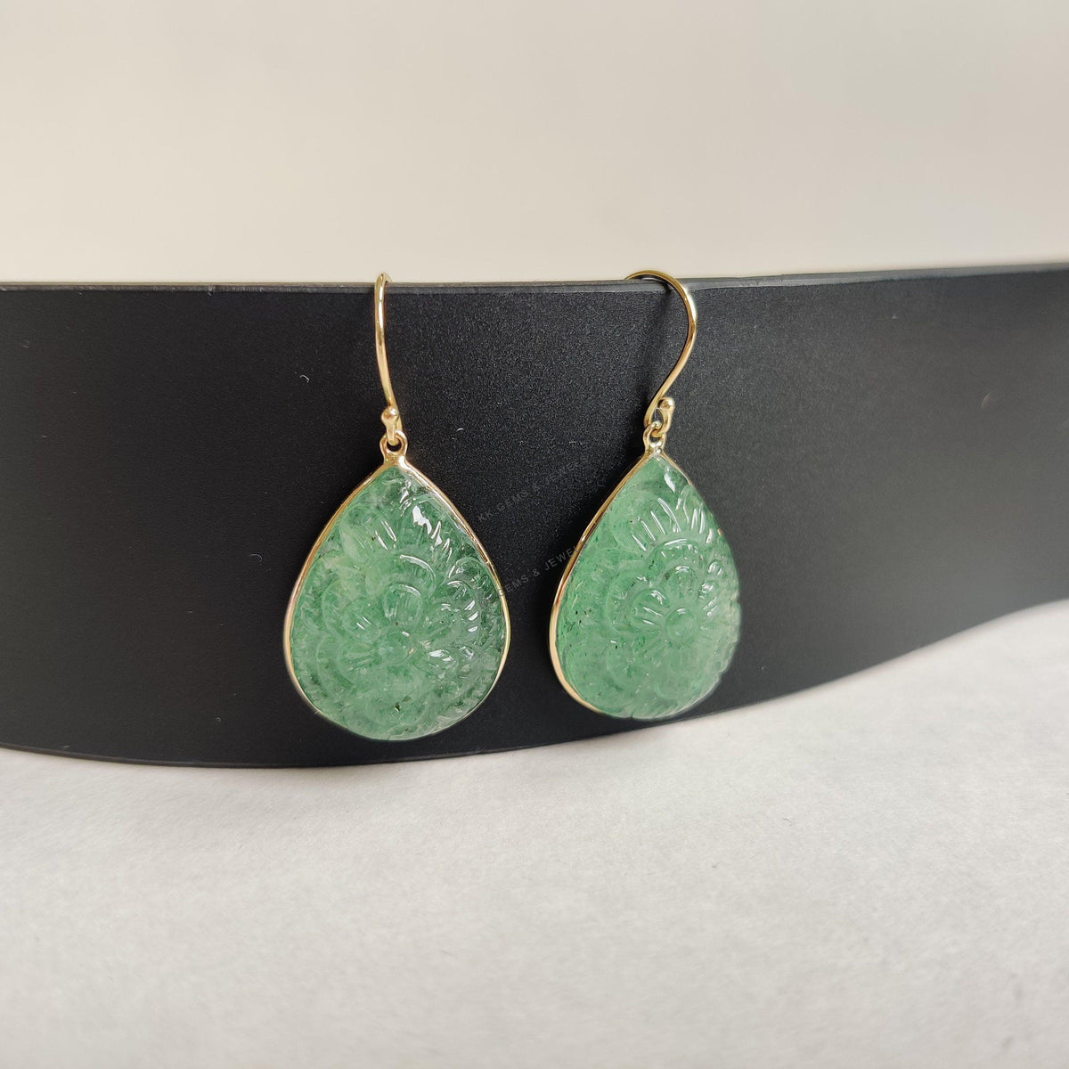 14K Solid Yellow Gold Natural Green Aventurine Earrings, Carving Teardrop Bezel Earring