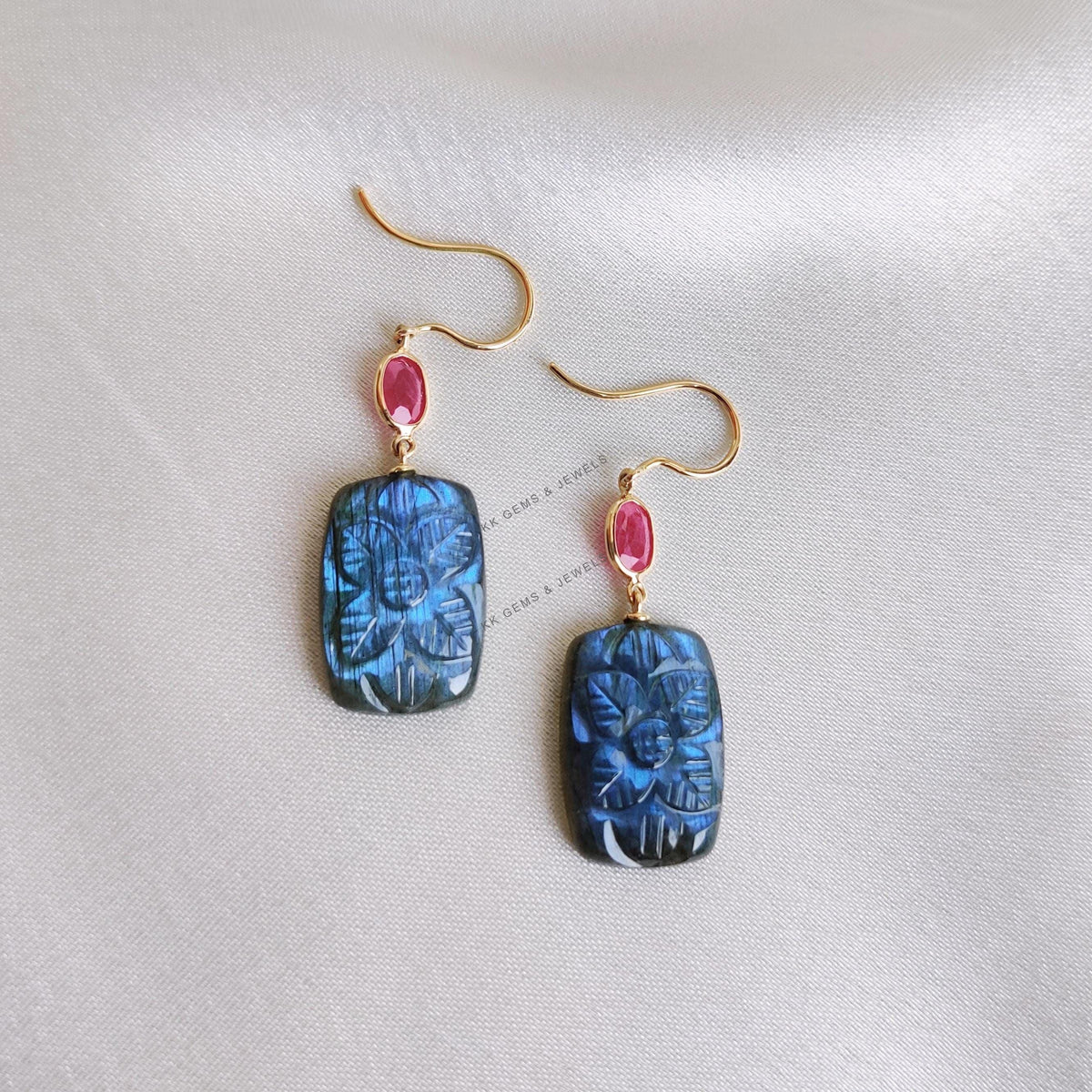 Natural Ruby & Labradorite Earrings, 14K Solid Yellow Gold, Floral Carving Jewelry