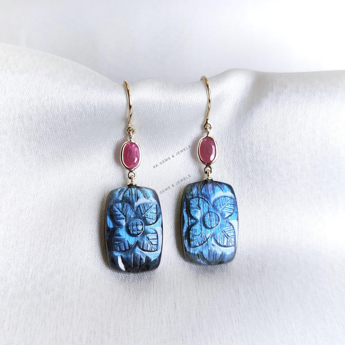 Natural Ruby & Labradorite Earrings, 14K Solid Yellow Gold, Floral Carving Jewelry
