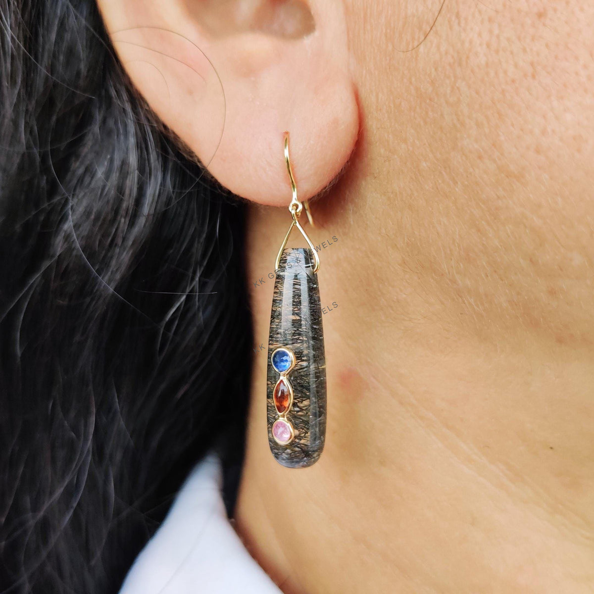 14K Solid Gold Natural Black Rutile & Multi Sapphire Drill Danglers , April Birthstone