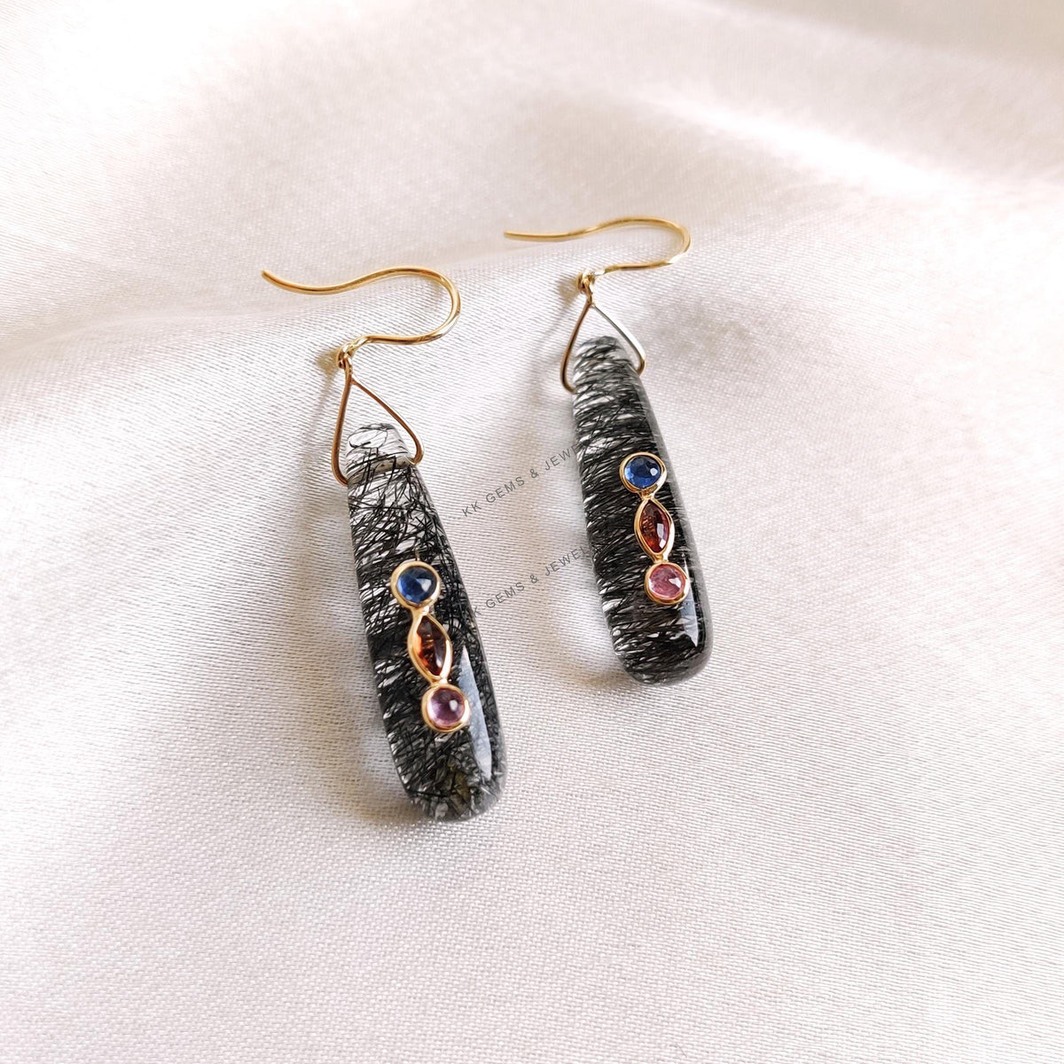 14K Solid Gold Natural Black Rutile & Multi Sapphire Drill Danglers , April Birthstone